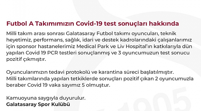 Galatasaray'da pozitif vaka sayısı 5'e çıktı