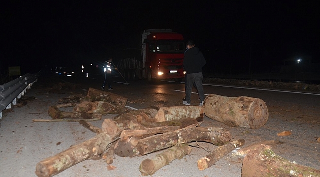 Kamyondaki odunlar karayoluna düştü, iki araçta maddi hasar oluştu