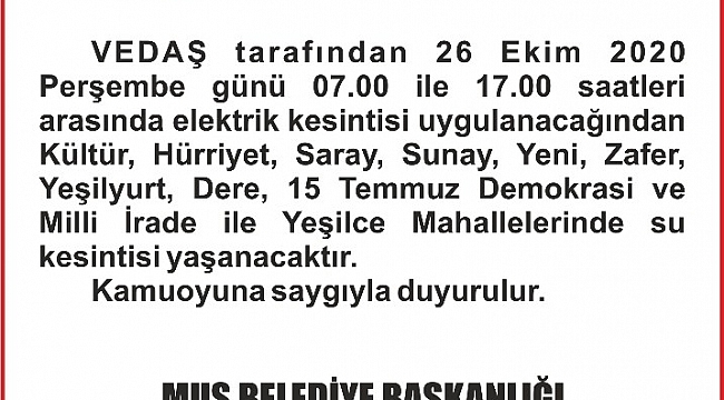 Muş Belediyesinden su kesintisi uyarısı