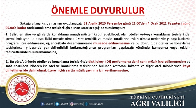 Ağrı'da otellerde yılbaşı kutlama programları yasaklandı