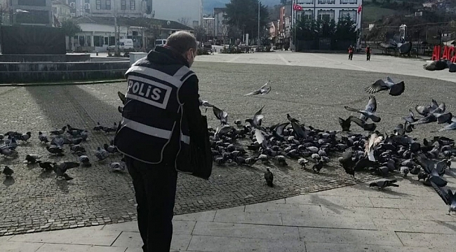Alaçam'da aç kalan kuşlara polisler yem verdi