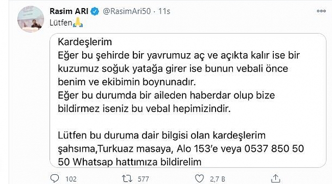 Belediye Başkanı Arı'dan yürekleri ısıtacak mesaj