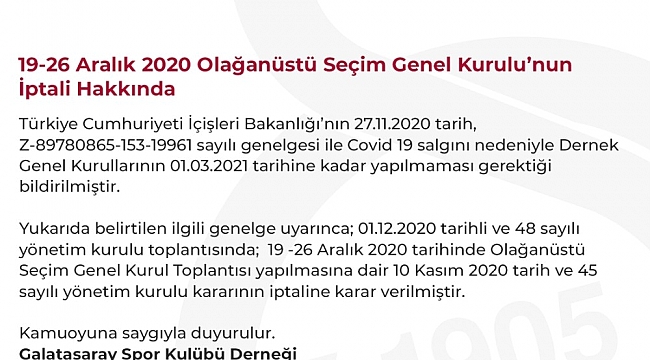 Galatasaray'da Olağanüstü Seçim Genel Kurul Toplantısı iptal edildi