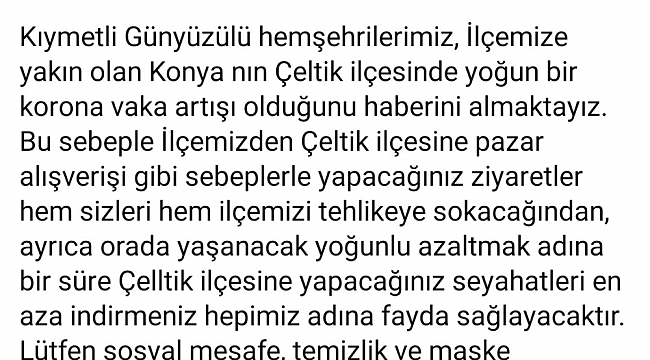 Günyüzü Kaymakamlığı, komşu ilçe Çeltik'te artan vakalar için vatandaşları uyardı