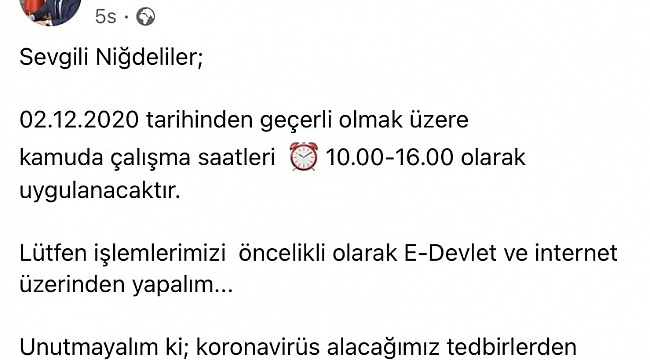 Niğde Valisi açıkladı: İşte yeni mesai saatleri