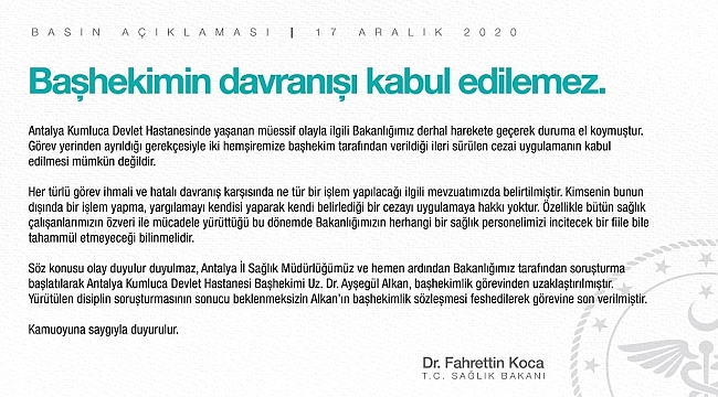 Sağlık Bakanı Koca: "Başhekimin davranışı kabul edilemez"