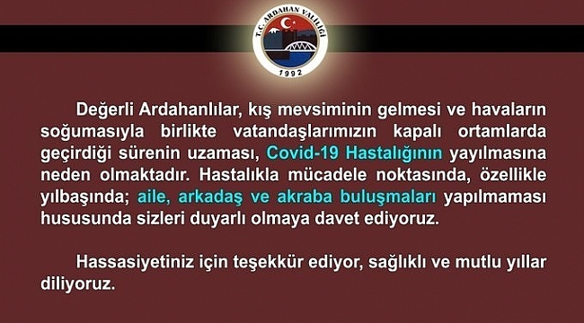 Valilik uyardı: "Yılbaşında aile, arkadaş, akraba buluşması yapmıyoruz"