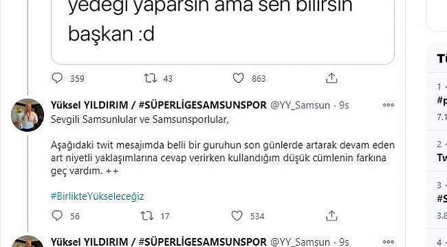 Samsunspor Başkanı Yıldırım özür diledi
