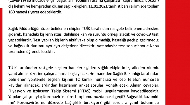 Sinop'ta 160 haneye korona virüsü taraması yapılacak