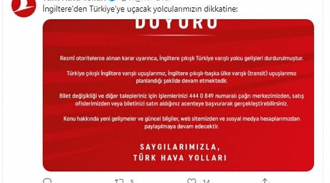 THY'den İngiltere uçuşlarına ilişkin açıklama