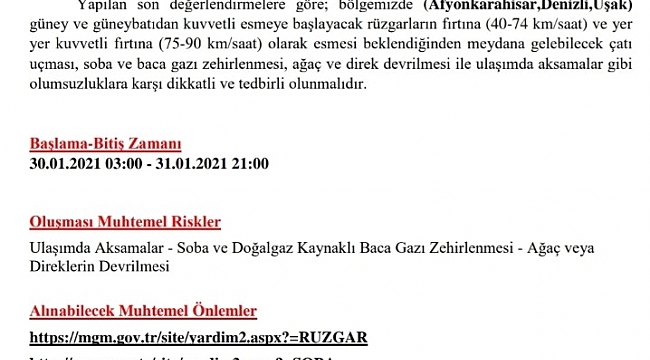 Uşak'a fırtına uyarısı