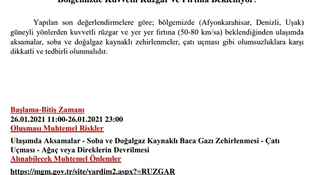 Uşak'ta şiddetli rüzgar ve fırtına uyarısı
