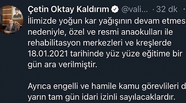 Vali Kaldırım duyurdu, yüz yüze eğitime bir gün ara