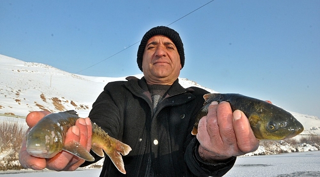 Yüksekova'da buz tutan derede 'Eskimo usulü' balık avı