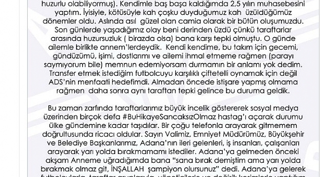 Adana Demispor Başkanı Murat Sancak göreve devam etme kararı aldı!