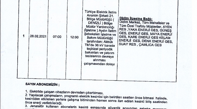 Aydın'da 5 saat elektrik kesintisi yaşanacak