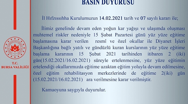 Bursa'da okullar açılmadan tatil edildi