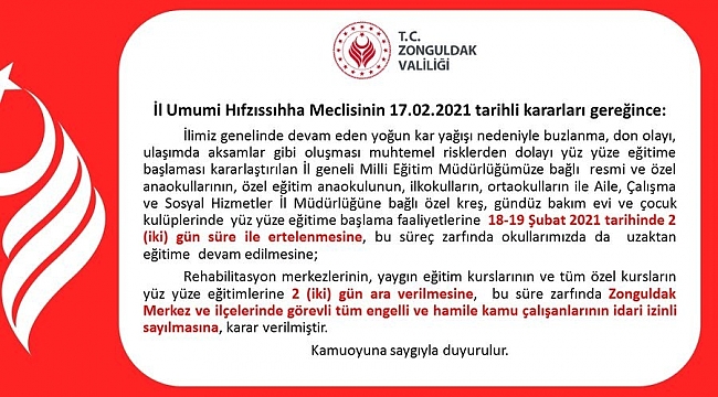 Eğitime, hamile ve engellilere kar tatili 2 gün daha uzatıldı