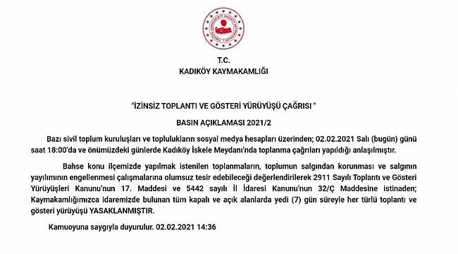 Kadıköy Kaymakamlığı'ndan '7 günlük yasak' açıklaması