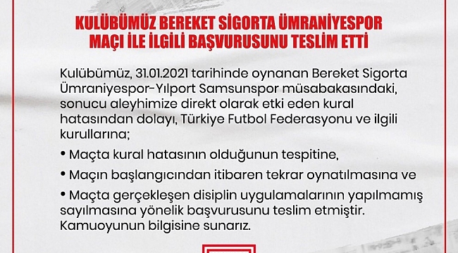 Samsunspor'dan TFF'ye başvuru: Kural hatası tespiti ve maçın tekrarı istendi