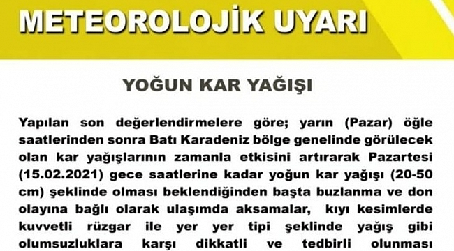 Sinop Valiliği uyardı: Kar yarım metreyi bulabilir