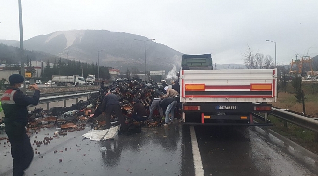Bilecik'te meyve yüklü tır devrildi, sürücü yara almadan kurtuldu