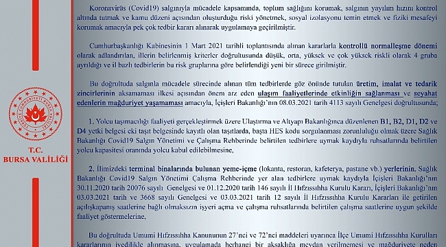 Bursa Valiliği'nden İl Hıfzıssıhha Kurul Kararı açıklaması