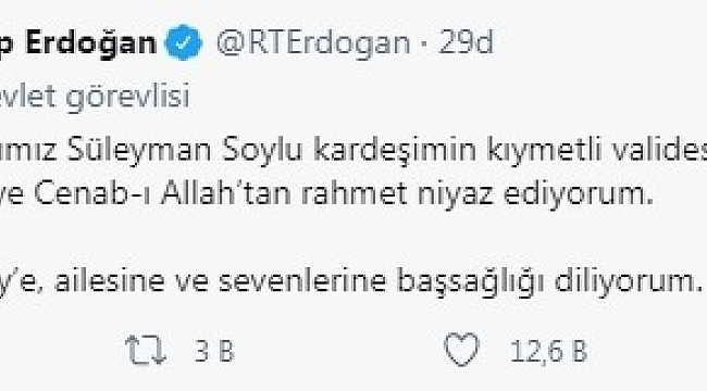 Cumhurbaşkanı Recep Tayyip Erdoğan'dan Süleyman Soylu'ya baş sağlığı paylaşımı