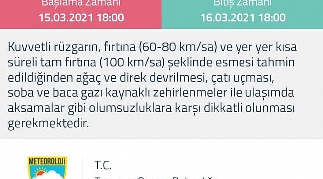 Denizli için 'Sarı' uyarı