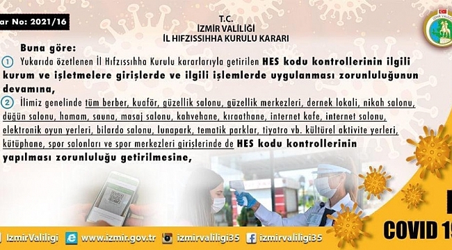 İzmir İl Hıfzıssıhha Kurulundan geniş çaplı 'HES' kodu kararı