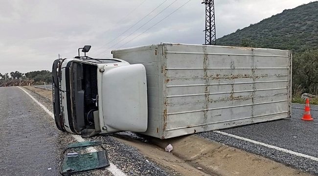 Milas'ta kontrolden çıkan kamyon yola devrildi