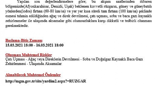 Uşak'ta fırtına uyarısı