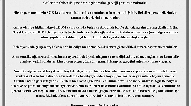 Ağrı Belediyesi: "HDP'li Koç'un belediyede çalışan 3 işçinin iş akitlerinin feshedildiği açıklamaları gerçeği yansıtmamaktadır"