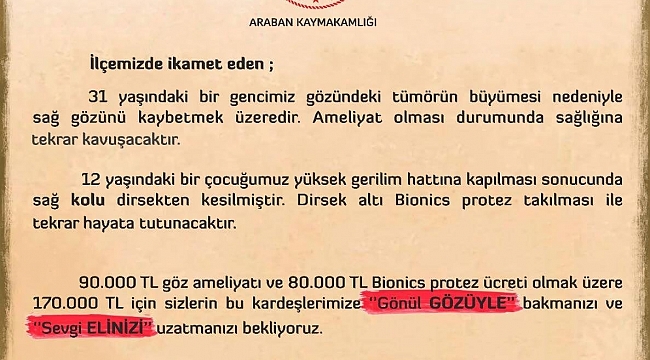 Araban Kaymakamından yardım kampanyası