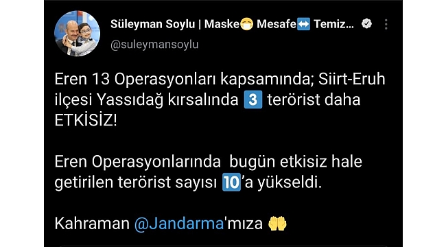 Bakan Soylu: "Eren Operasyonlarında bugün etkisiz hale getirilen terörist sayısı 10'a yükseldi"