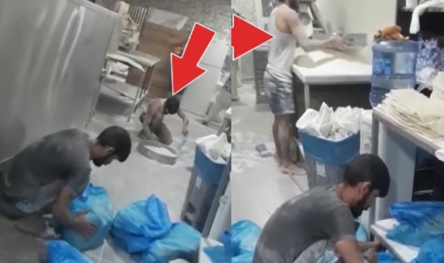 Fırında skandal görüntü: Yere dökülen unları kürekle toplayıp...