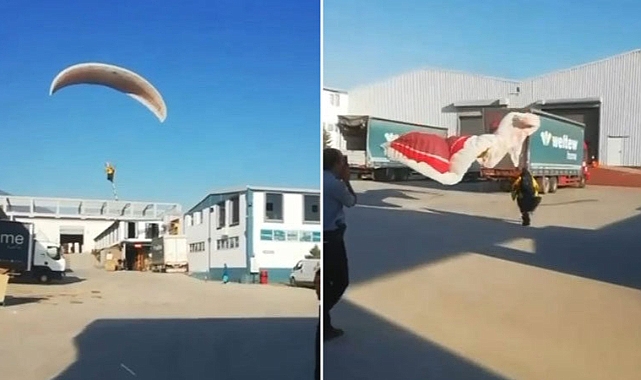 Çalıştığı fabrikaya paraşütle gitti
