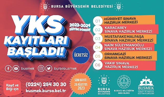 Bursa Büyükşehir'in ücretsiz YKS kursları için yeni dönem kayıtları başladı