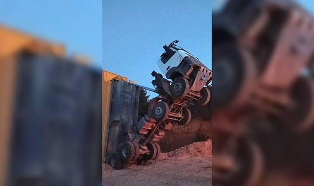 Damperli kamyon şaha kalkınca sürücü mahsur kaldı