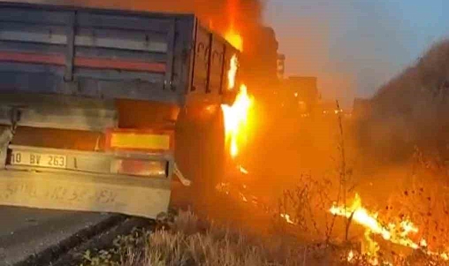 Seyir halindeki tır alev alev yandı