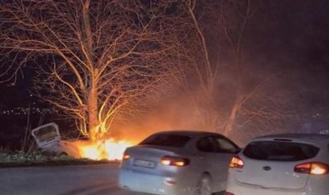Bursa'da Korkutan Kaza: Ağaca Çarpan Otomobil Alev Aldı!